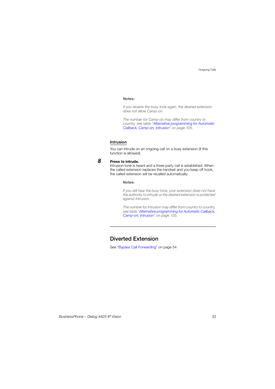 Intrusion, Diverted extension | AASTRA 4425 IP Vision for BusinessPhone User Guide User Manual | Page 33 / 153