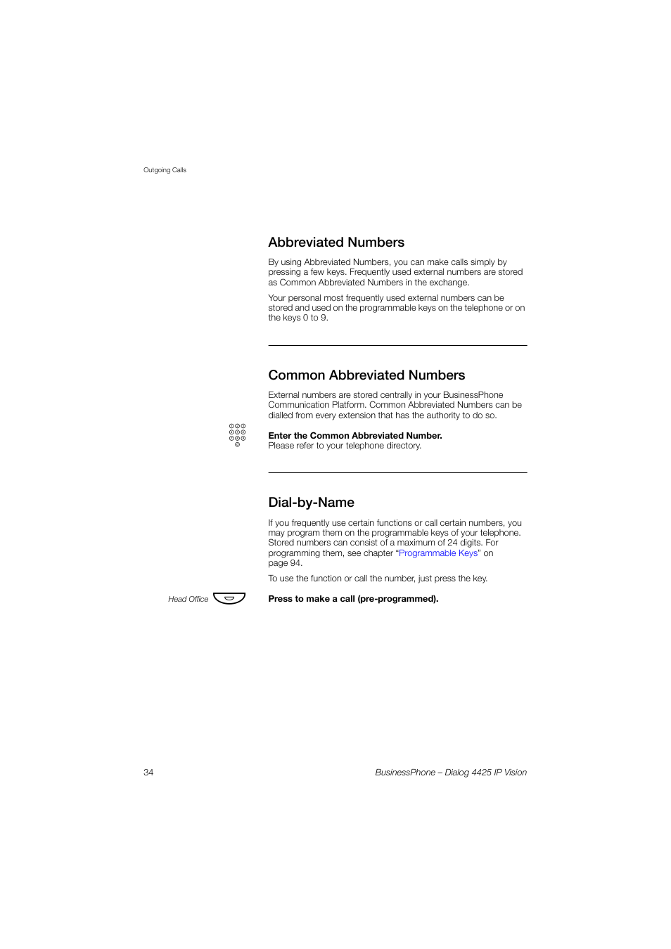 Abbreviated numbers, Common abbreviated numbers, Dial-by-name | Dial-by, Name | AASTRA 4425 IP Vision for BusinessPhone User Guide User Manual | Page 34 / 153