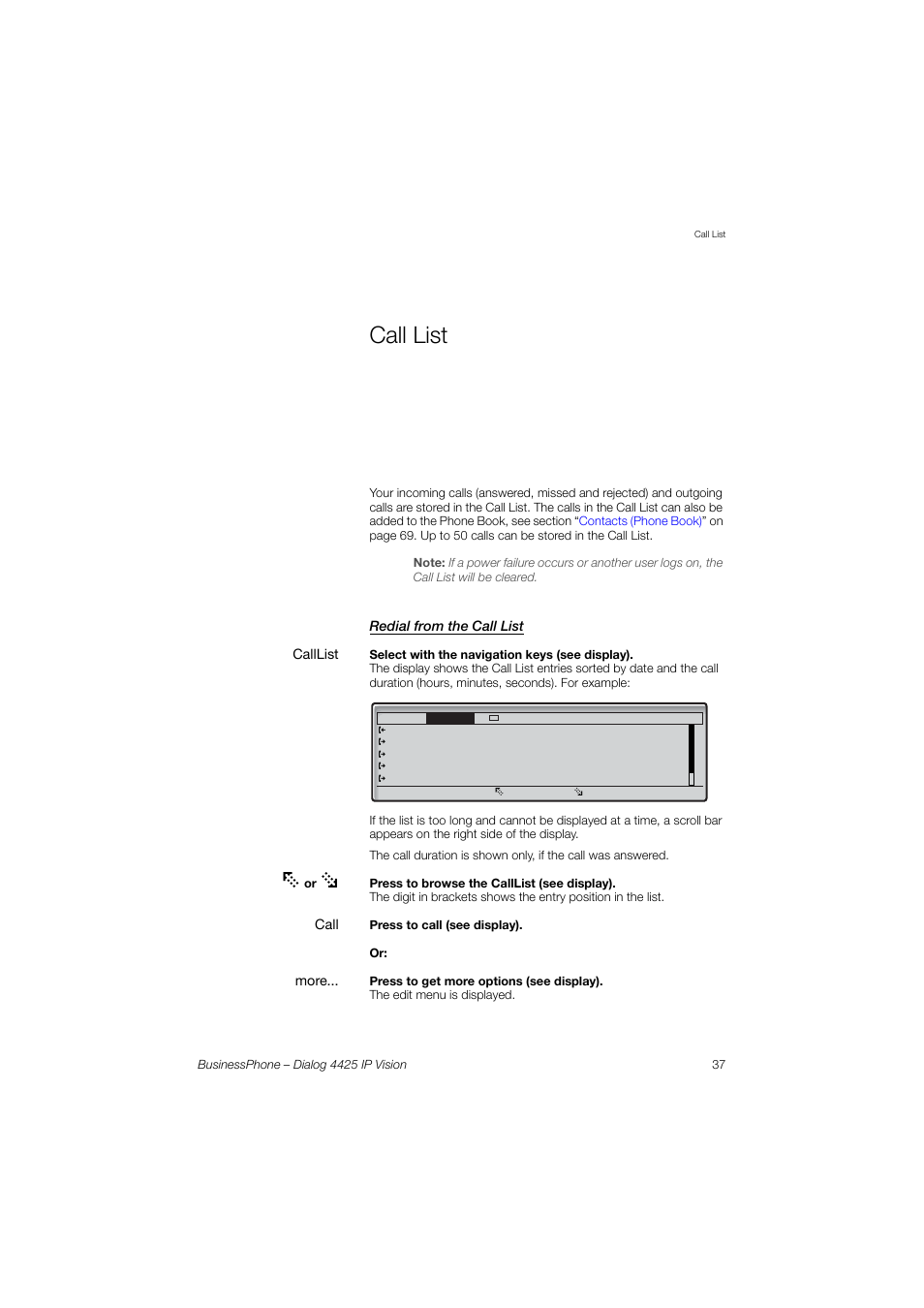 Call list, Redial from the call list, Ction | AASTRA 4425 IP Vision for BusinessPhone User Guide User Manual | Page 37 / 153