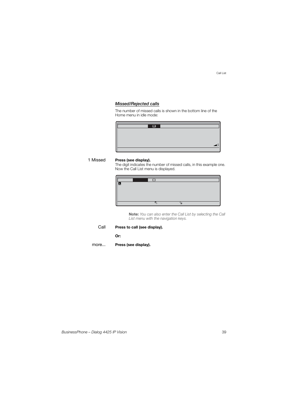 Missed/rejected calls | AASTRA 4425 IP Vision for BusinessPhone User Guide User Manual | Page 39 / 153