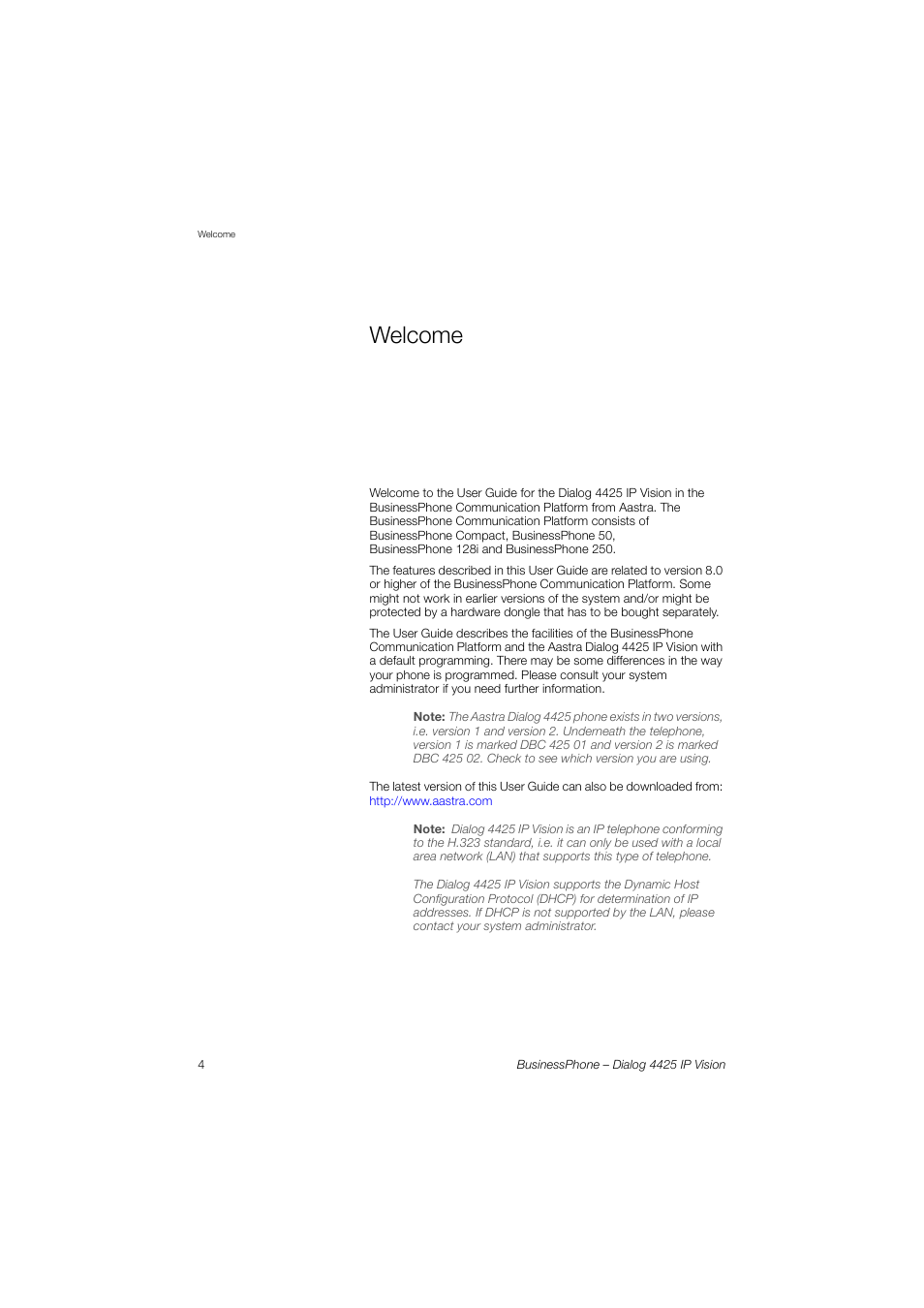 Welcome | AASTRA 4425 IP Vision for BusinessPhone User Guide User Manual | Page 4 / 153