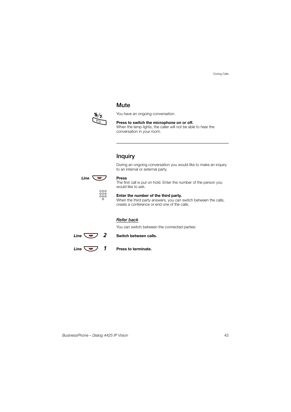Mute, Inquiry, Refer back | Хф 2, Хф 1 | AASTRA 4425 IP Vision for BusinessPhone User Guide User Manual | Page 43 / 153