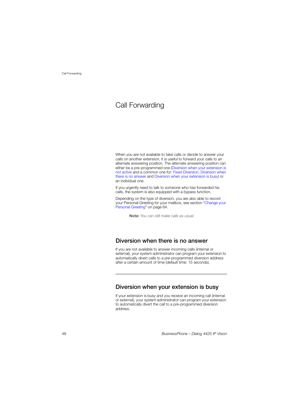 Call forwarding, Diversion when there is no answer, Diversion when your extension is busy | AASTRA 4425 IP Vision for BusinessPhone User Guide User Manual | Page 48 / 153