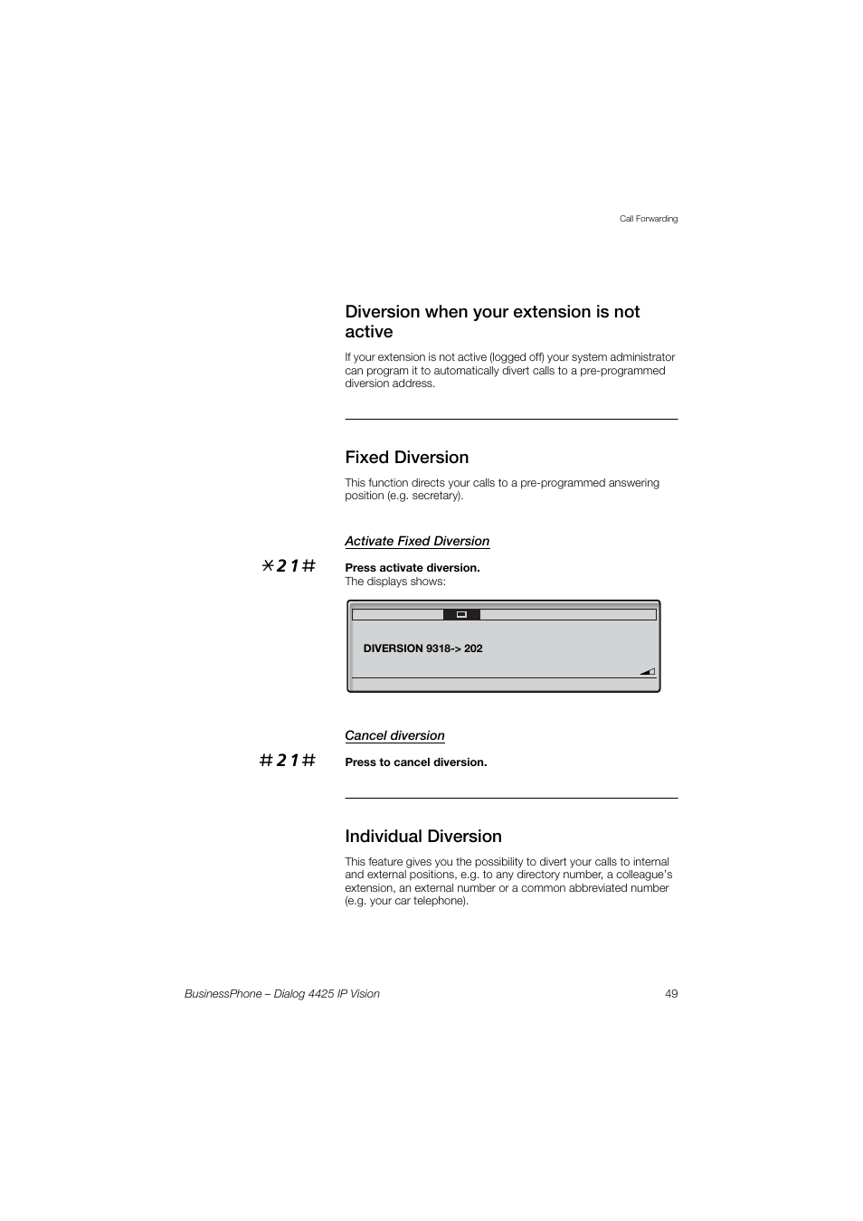 Diversion when your extension is not active, Fixed diversion, Activate fixed diversion | Cancel diversion, Individual diversion, Diversion when your extension is, Not active | AASTRA 4425 IP Vision for BusinessPhone User Guide User Manual | Page 49 / 153