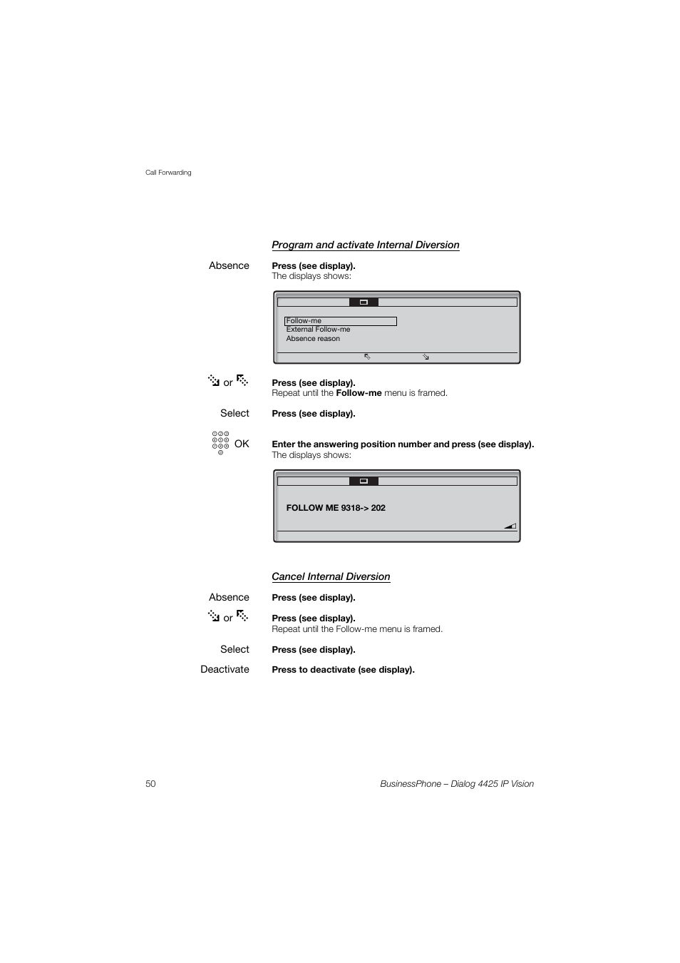 Program and activate internal diversion, Cancel internal diversion | AASTRA 4425 IP Vision for BusinessPhone User Guide User Manual | Page 50 / 153