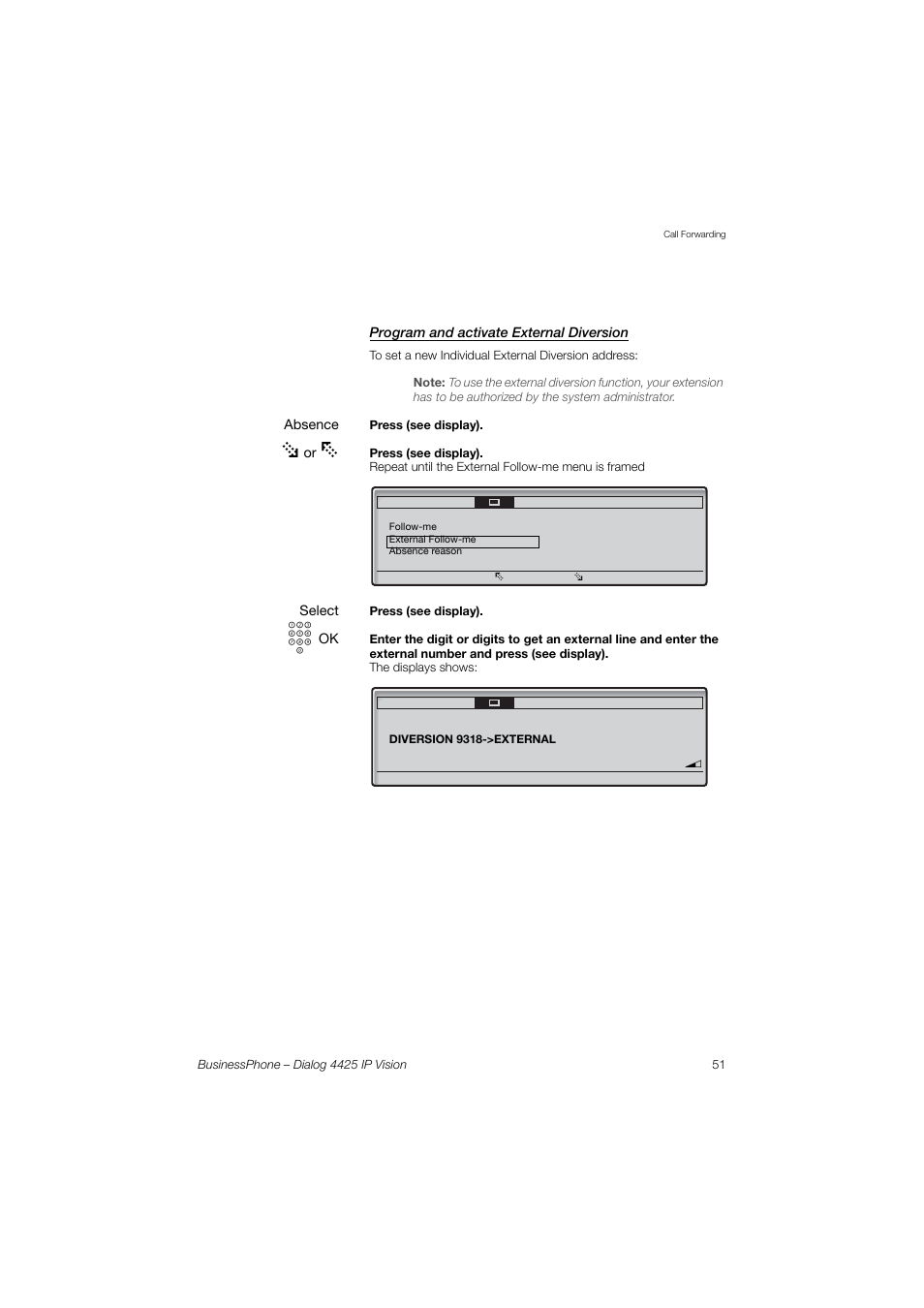 Program and activate external diversion | AASTRA 4425 IP Vision for BusinessPhone User Guide User Manual | Page 51 / 153