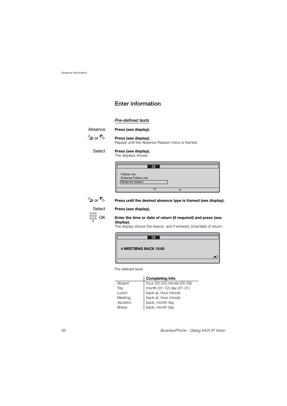 Enter information, Pre-defined texts | AASTRA 4425 IP Vision for BusinessPhone User Guide User Manual | Page 56 / 153