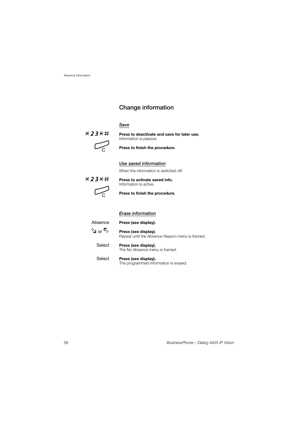 Change information, Save, Use saved information | Erase information | AASTRA 4425 IP Vision for BusinessPhone User Guide User Manual | Page 58 / 153