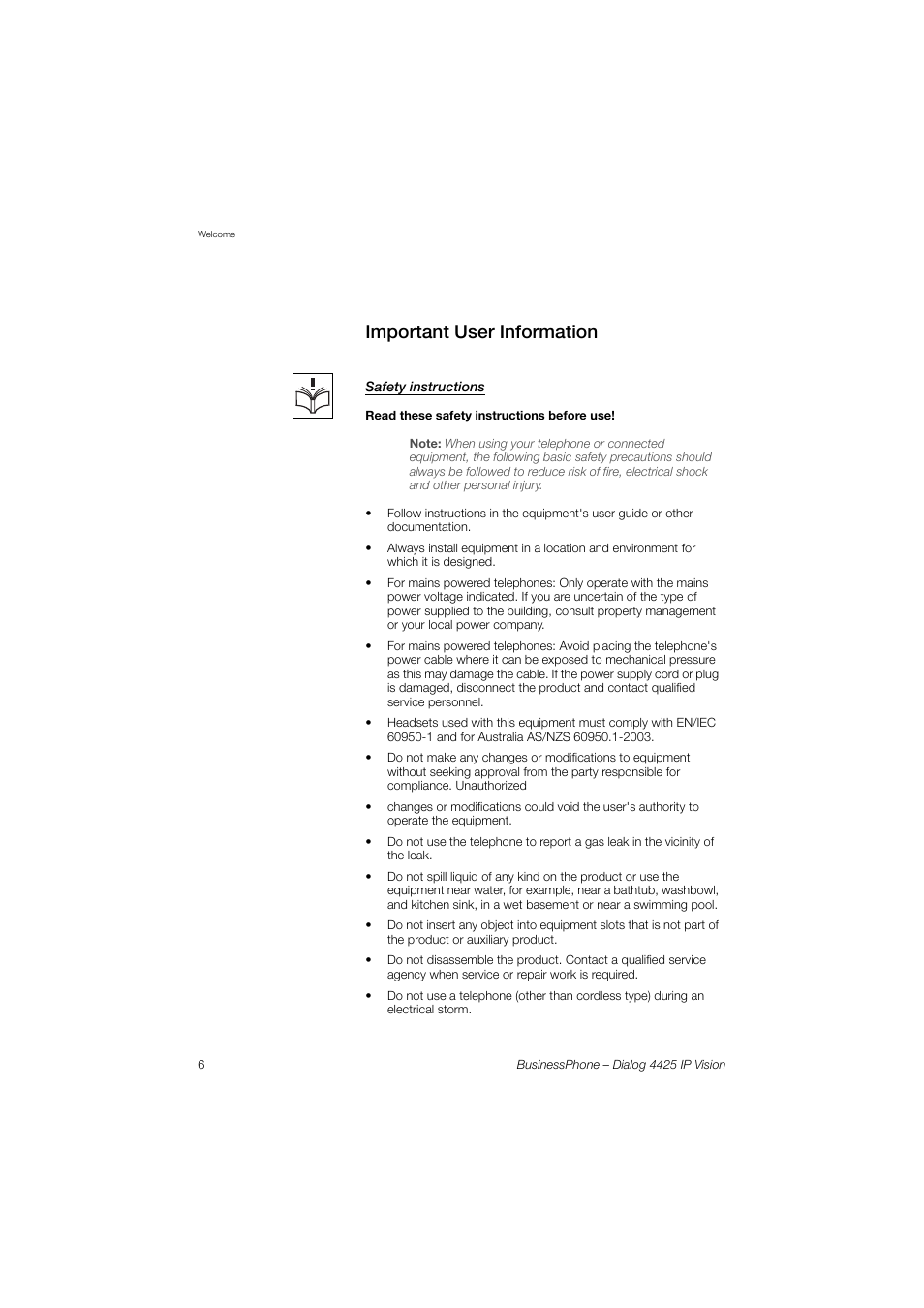 Important user information, Safety instructions | AASTRA 4425 IP Vision for BusinessPhone User Guide User Manual | Page 6 / 153