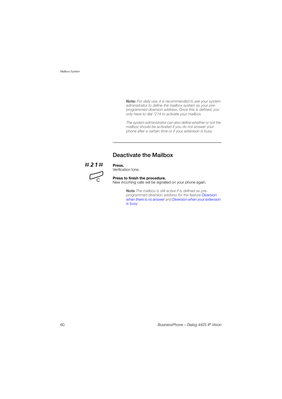 Deactivate the mailbox | AASTRA 4425 IP Vision for BusinessPhone User Guide User Manual | Page 60 / 153