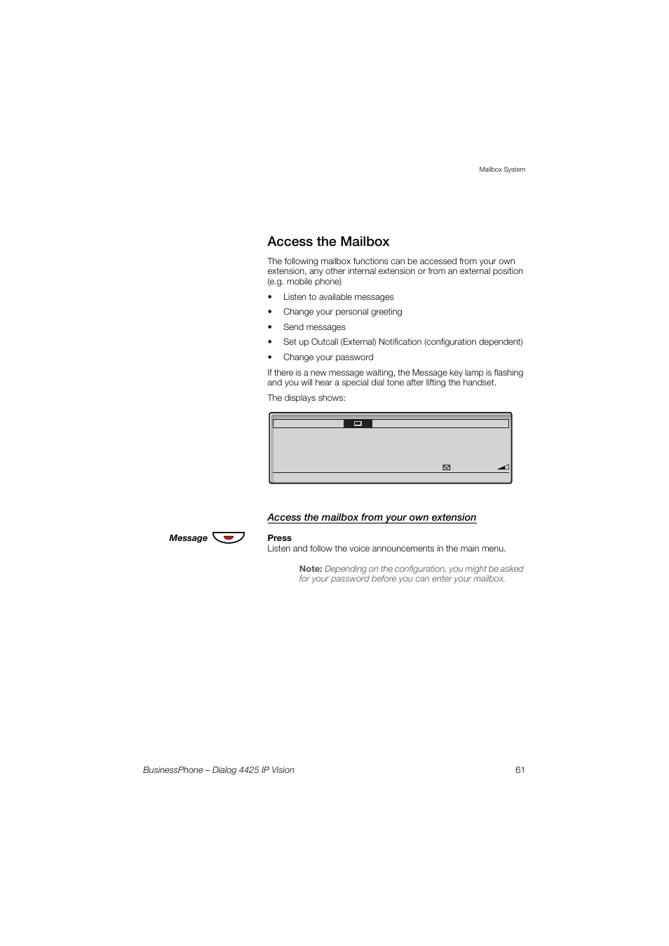 Access the mailbox, Access the mailbox from your own extension | AASTRA 4425 IP Vision for BusinessPhone User Guide User Manual | Page 61 / 153