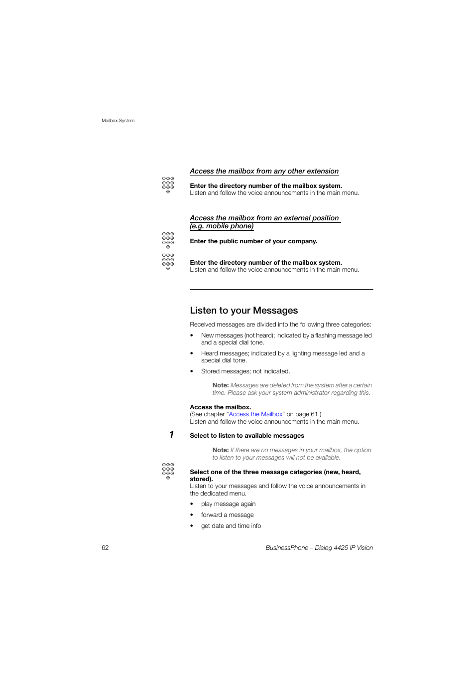 Access the mailbox from any other extension, Listen to your messages | AASTRA 4425 IP Vision for BusinessPhone User Guide User Manual | Page 62 / 153