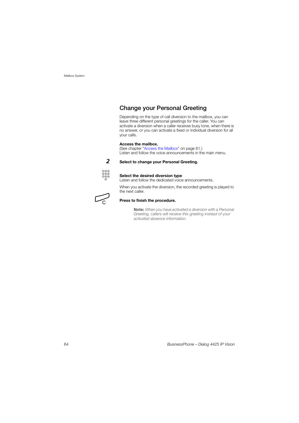 Change your personal greeting, Change your, Personal greeting | Change, Your personal greeting, Ction | AASTRA 4425 IP Vision for BusinessPhone User Guide User Manual | Page 64 / 153