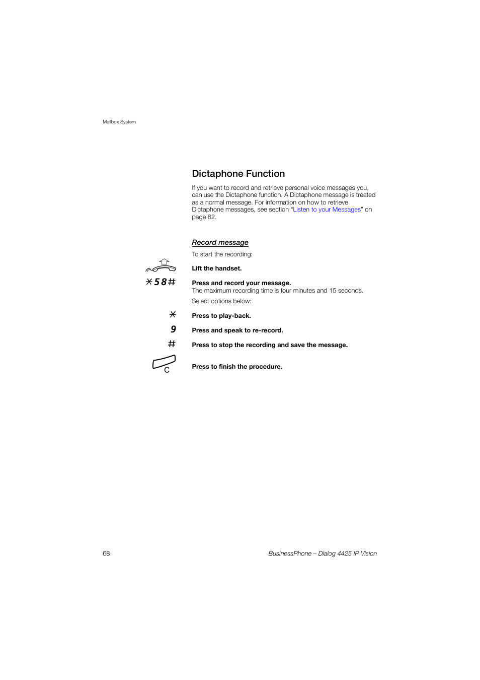 Dictaphone function, Record message | AASTRA 4425 IP Vision for BusinessPhone User Guide User Manual | Page 68 / 153