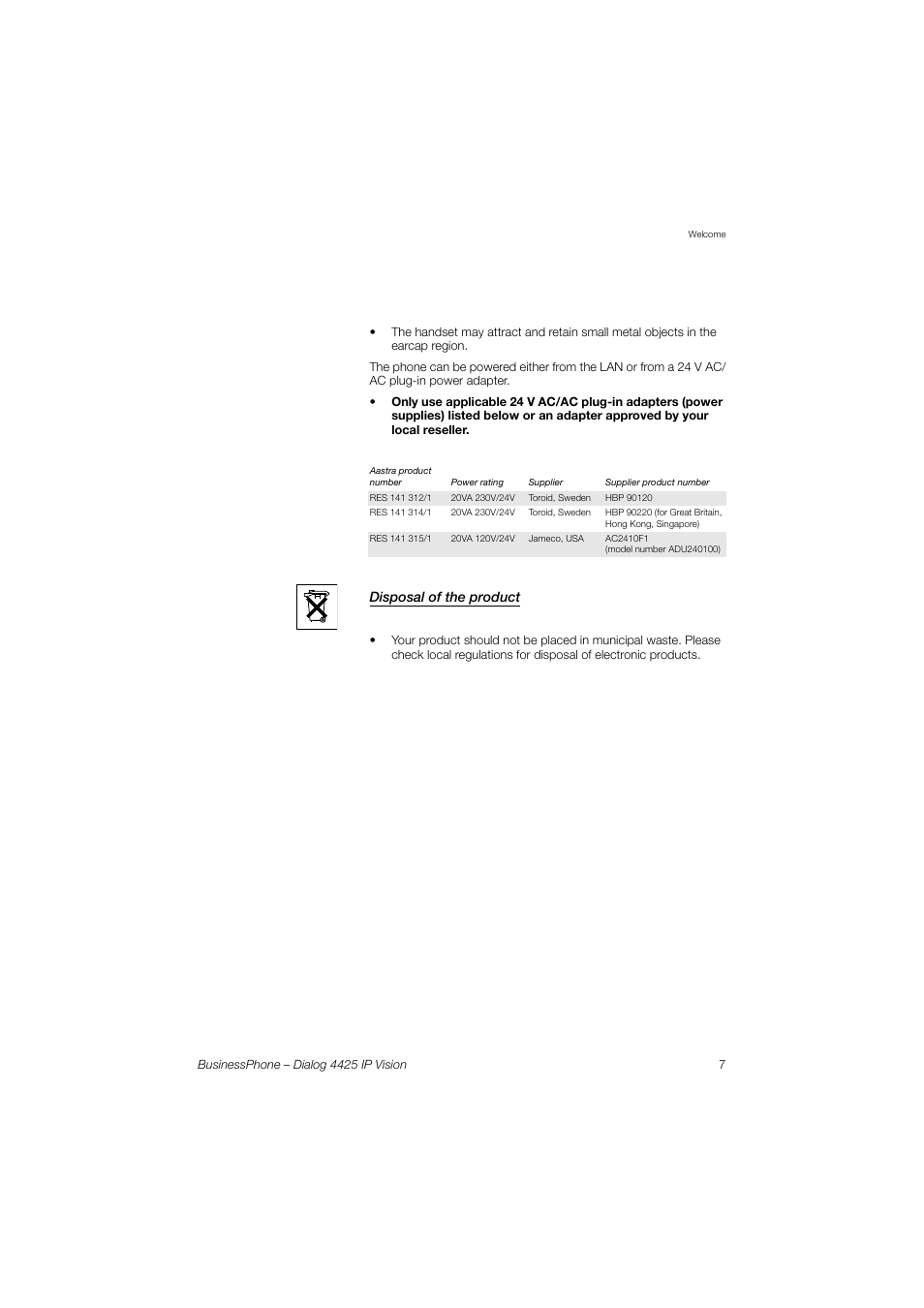 Disposal of the product | AASTRA 4425 IP Vision for BusinessPhone User Guide User Manual | Page 7 / 153
