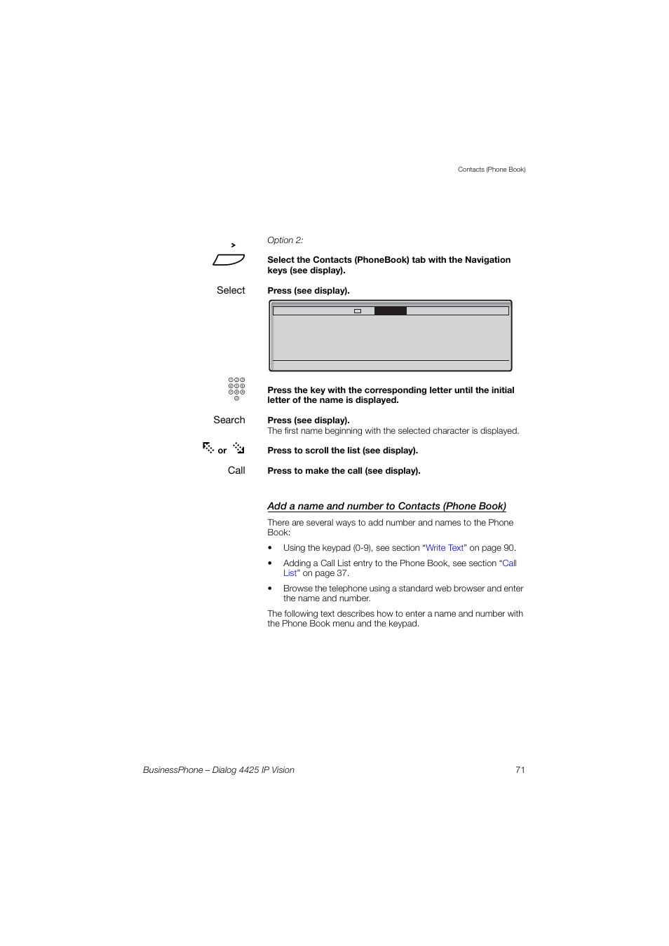Add a name and number to contacts (phone book) | AASTRA 4425 IP Vision for BusinessPhone User Guide User Manual | Page 71 / 153