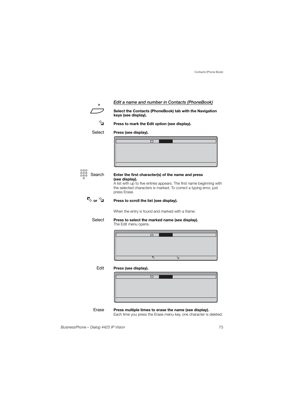 Edit a name and number in contacts (phonebook) | AASTRA 4425 IP Vision for BusinessPhone User Guide User Manual | Page 73 / 153