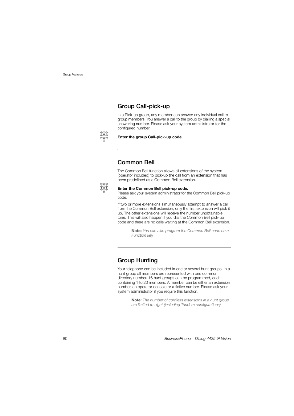 Group call-pick-up, Common bell, Group hunting | AASTRA 4425 IP Vision for BusinessPhone User Guide User Manual | Page 80 / 153