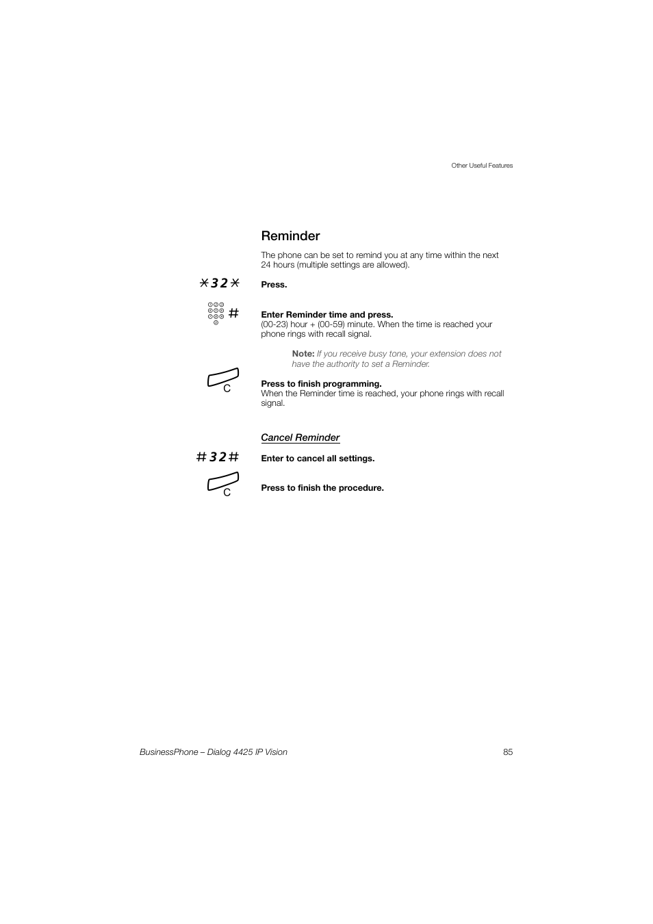 Reminder, Cancel reminder | AASTRA 4425 IP Vision for BusinessPhone User Guide User Manual | Page 85 / 153