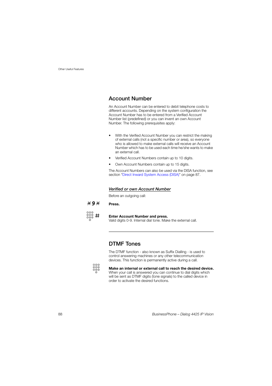 Account number, Verified or own account number, Dtmf tones | Account, Number | AASTRA 4425 IP Vision for BusinessPhone User Guide User Manual | Page 88 / 153