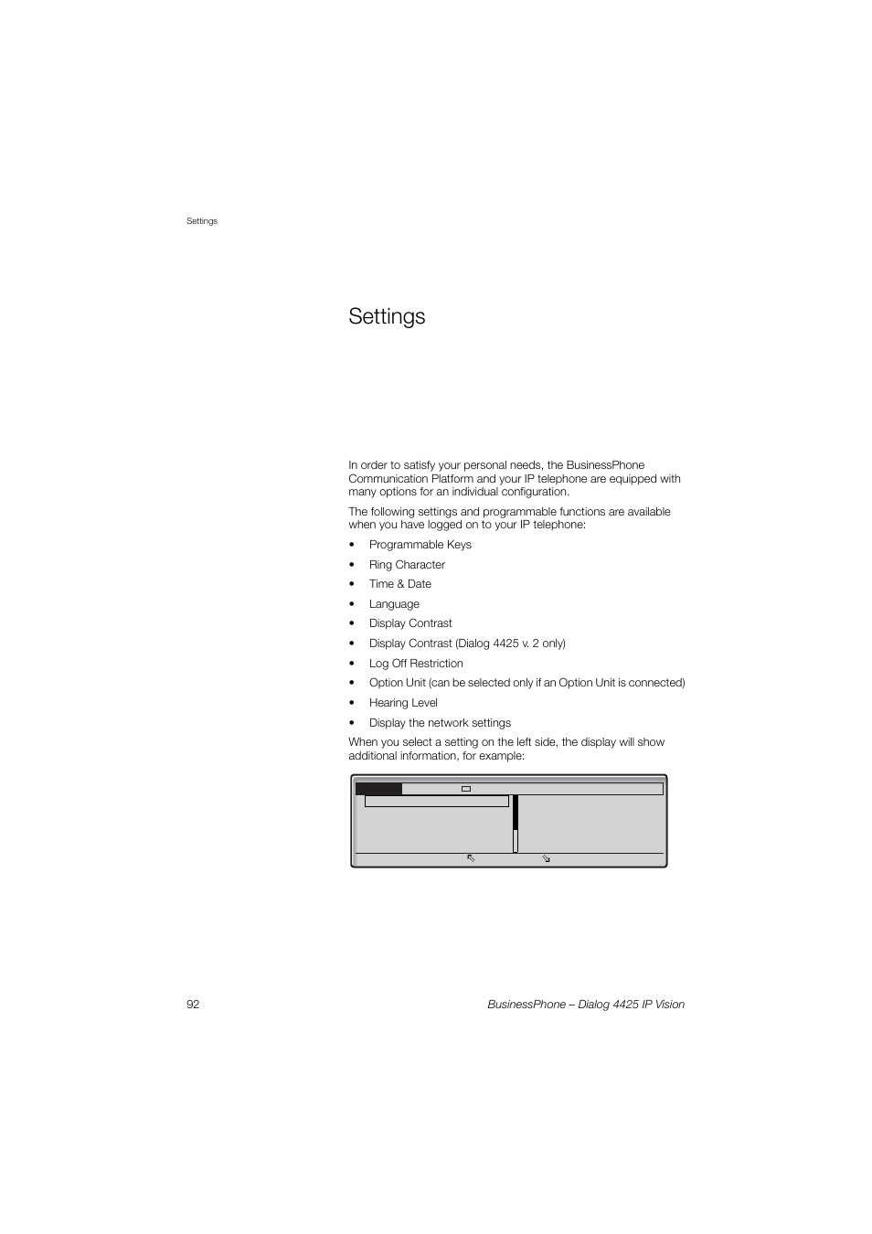 Settings | AASTRA 4425 IP Vision for BusinessPhone User Guide User Manual | Page 92 / 153