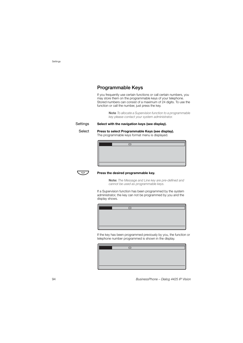 Programmable keys, Programmable, Keys | Apter | AASTRA 4425 IP Vision for BusinessPhone User Guide User Manual | Page 94 / 153