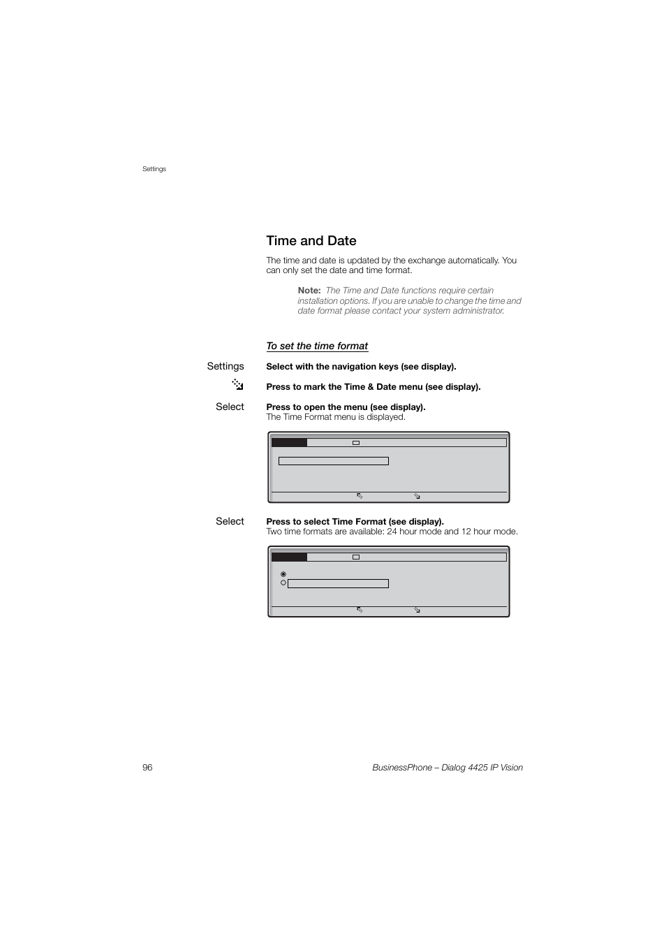 Time and date, To set the time format | AASTRA 4425 IP Vision for BusinessPhone User Guide User Manual | Page 96 / 153