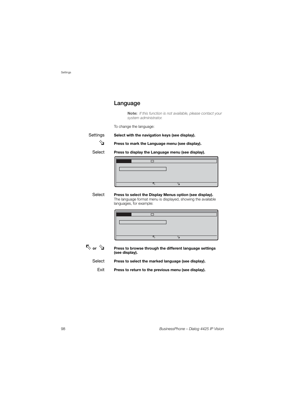 Language | AASTRA 4425 IP Vision for BusinessPhone User Guide User Manual | Page 98 / 153
