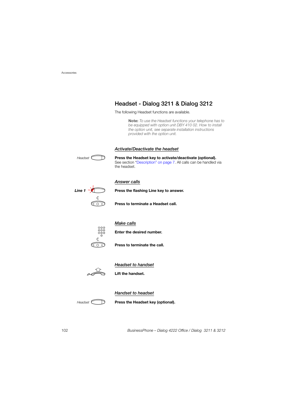 Headset - dialog 3211 & dialog 3212, Activate/deactivate the headset, Answer calls | Make calls, Headset to handset, Handset to headset | AASTRA 4222 Office for BusinessPhone User Guide EN User Manual | Page 102 / 124