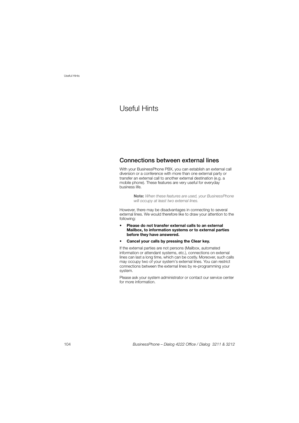 Useful hints, Connections between external lines | AASTRA 4222 Office for BusinessPhone User Guide EN User Manual | Page 104 / 124