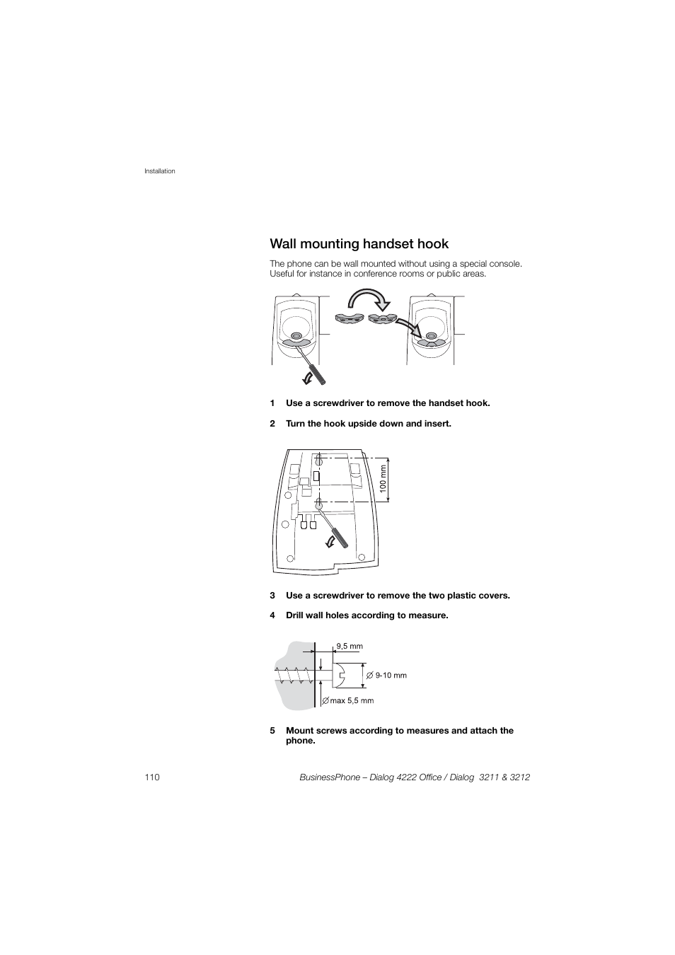 Wall mounting handset hook | AASTRA 4222 Office for BusinessPhone User Guide EN User Manual | Page 110 / 124