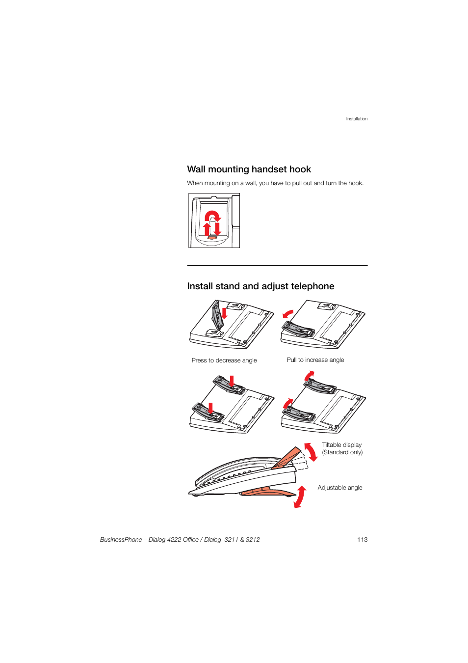 Wall mounting handset hook, Install stand and adjust telephone | AASTRA 4222 Office for BusinessPhone User Guide EN User Manual | Page 113 / 124