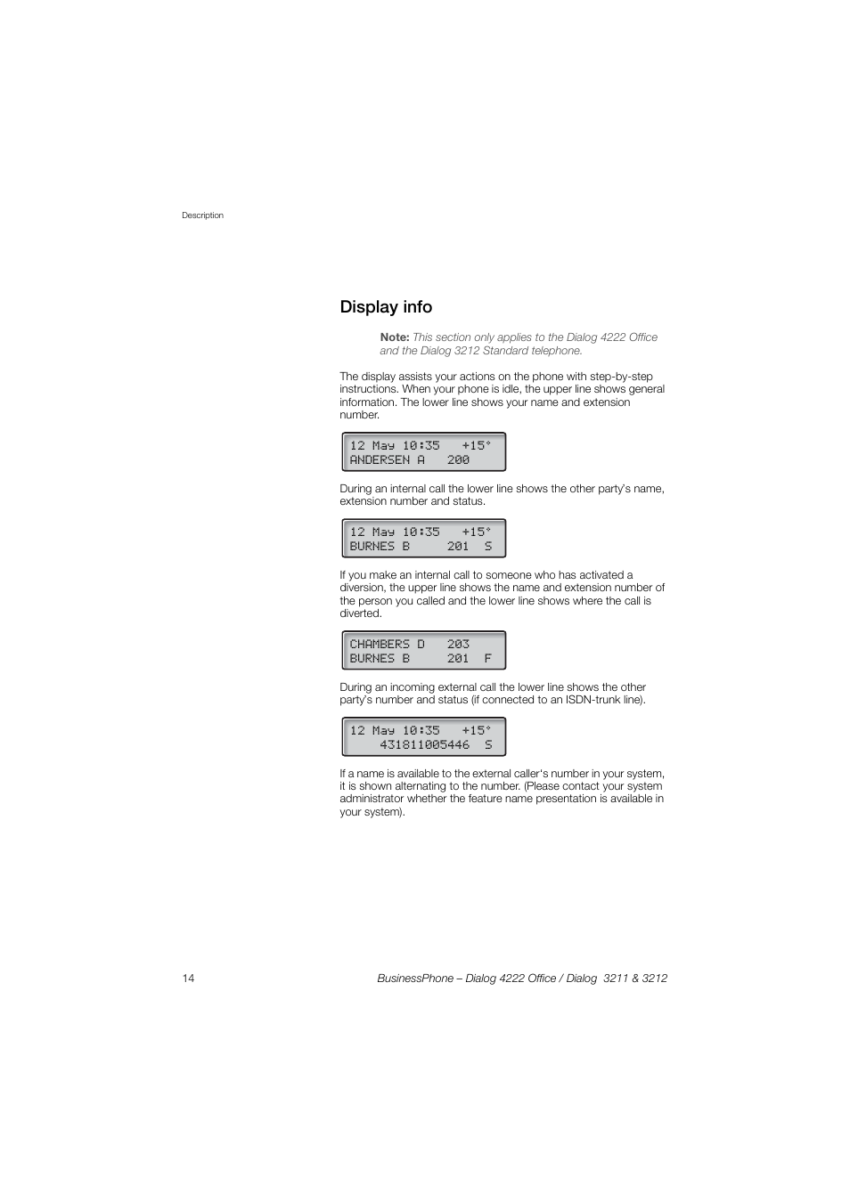 Display info, Section | AASTRA 4222 Office for BusinessPhone User Guide EN User Manual | Page 14 / 124