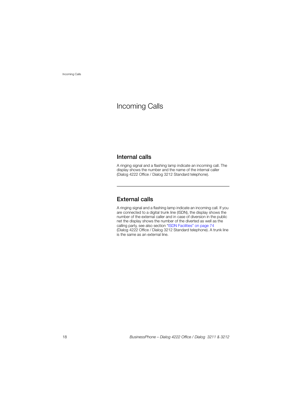 Incoming calls, Internal calls, External calls | AASTRA 4222 Office for BusinessPhone User Guide EN User Manual | Page 18 / 124