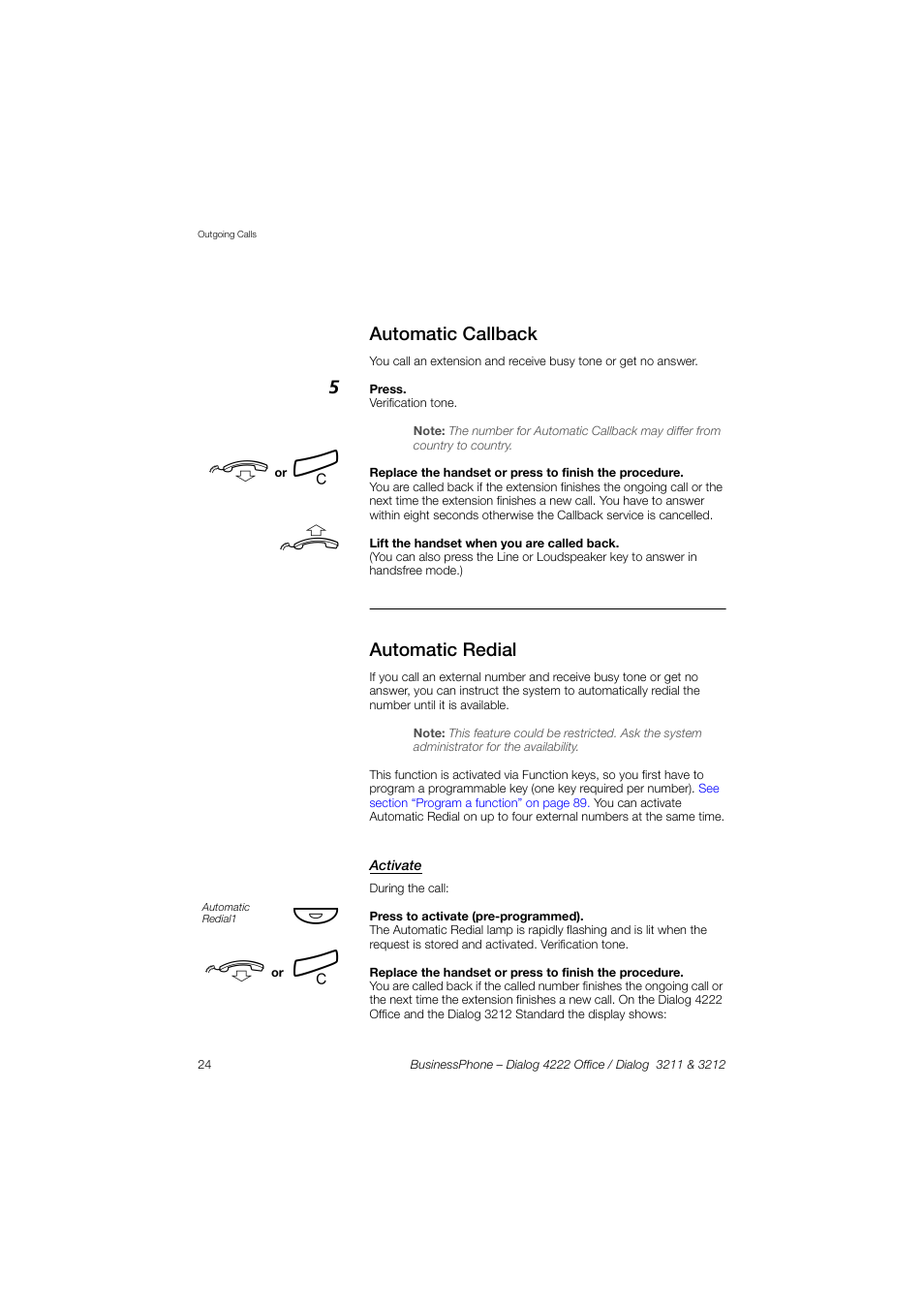 Automatic callback, Automatic redial, Activate | AASTRA 4222 Office for BusinessPhone User Guide EN User Manual | Page 24 / 124