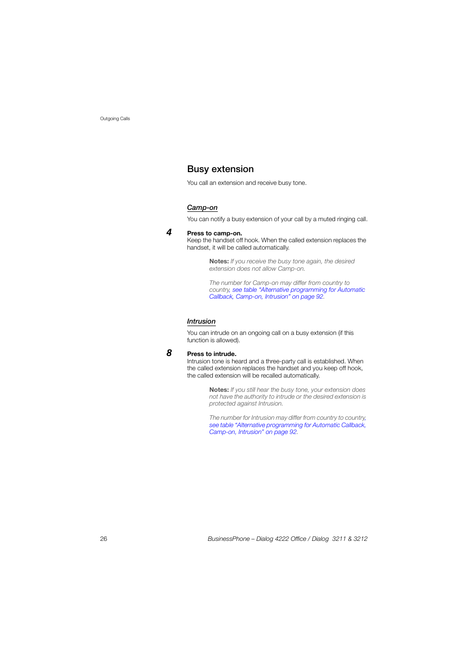 Busy extension, Camp-on, Intrusion | AASTRA 4222 Office for BusinessPhone User Guide EN User Manual | Page 26 / 124