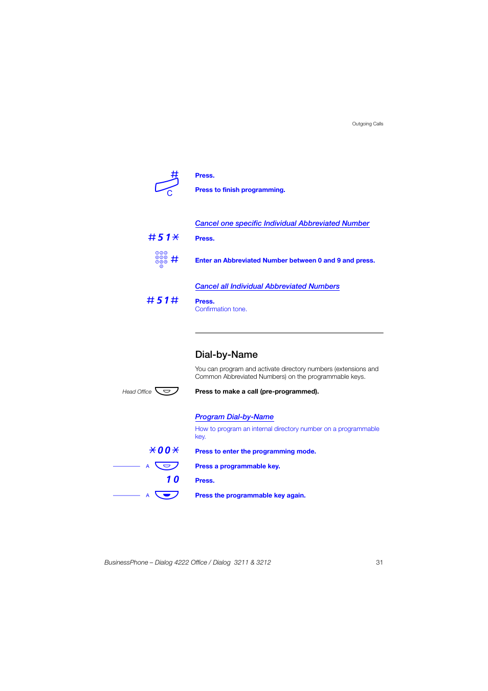 Cancel one specific individual abbreviated number, Cancel all individual abbreviated numbers, Dial-by-name | Program dial-by-name, A õô | AASTRA 4222 Office for BusinessPhone User Guide EN User Manual | Page 31 / 124