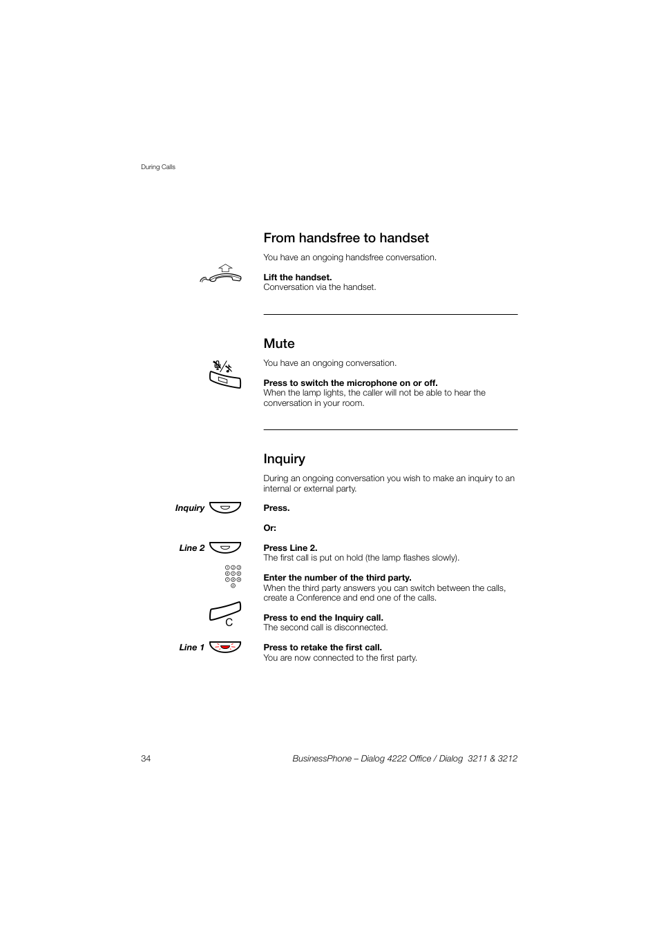 From handsfree to handset, Mute, Inquiry | AASTRA 4222 Office for BusinessPhone User Guide EN User Manual | Page 34 / 124