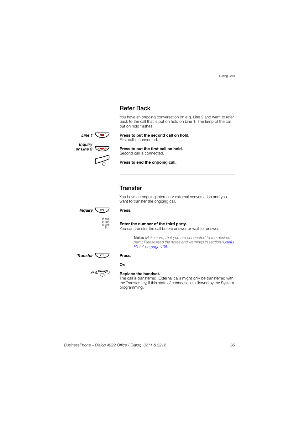 Refer back, Transfer | AASTRA 4222 Office for BusinessPhone User Guide EN User Manual | Page 35 / 124