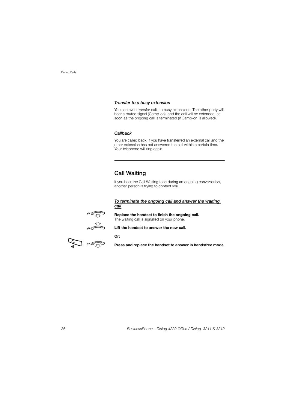 Transfer to a busy extension, Callback, Call waiting | AASTRA 4222 Office for BusinessPhone User Guide EN User Manual | Page 36 / 124