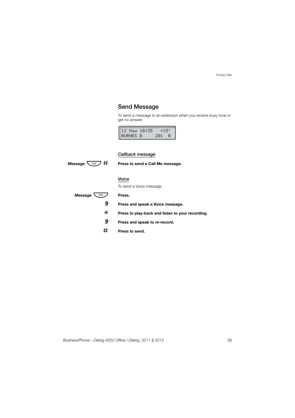 Send message, Callback message, Voice | AASTRA 4222 Office for BusinessPhone User Guide EN User Manual | Page 39 / 124
