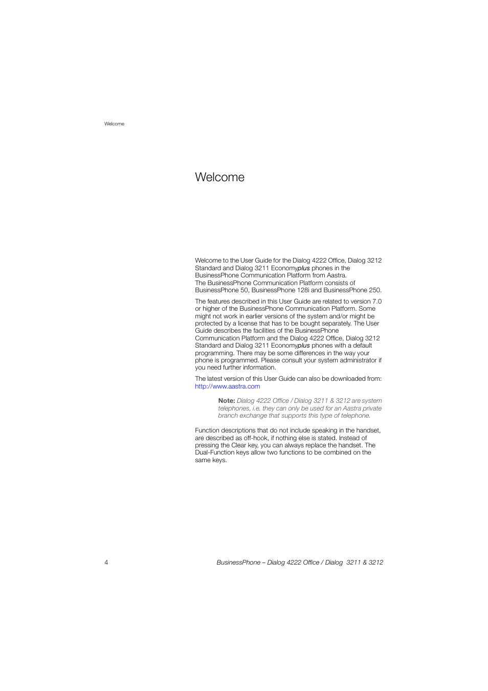 Welcome | AASTRA 4222 Office for BusinessPhone User Guide EN User Manual | Page 4 / 124