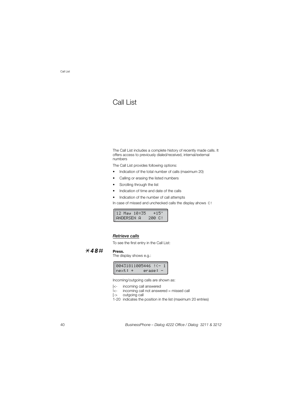 Call list, Retrieve calls | AASTRA 4222 Office for BusinessPhone User Guide EN User Manual | Page 40 / 124