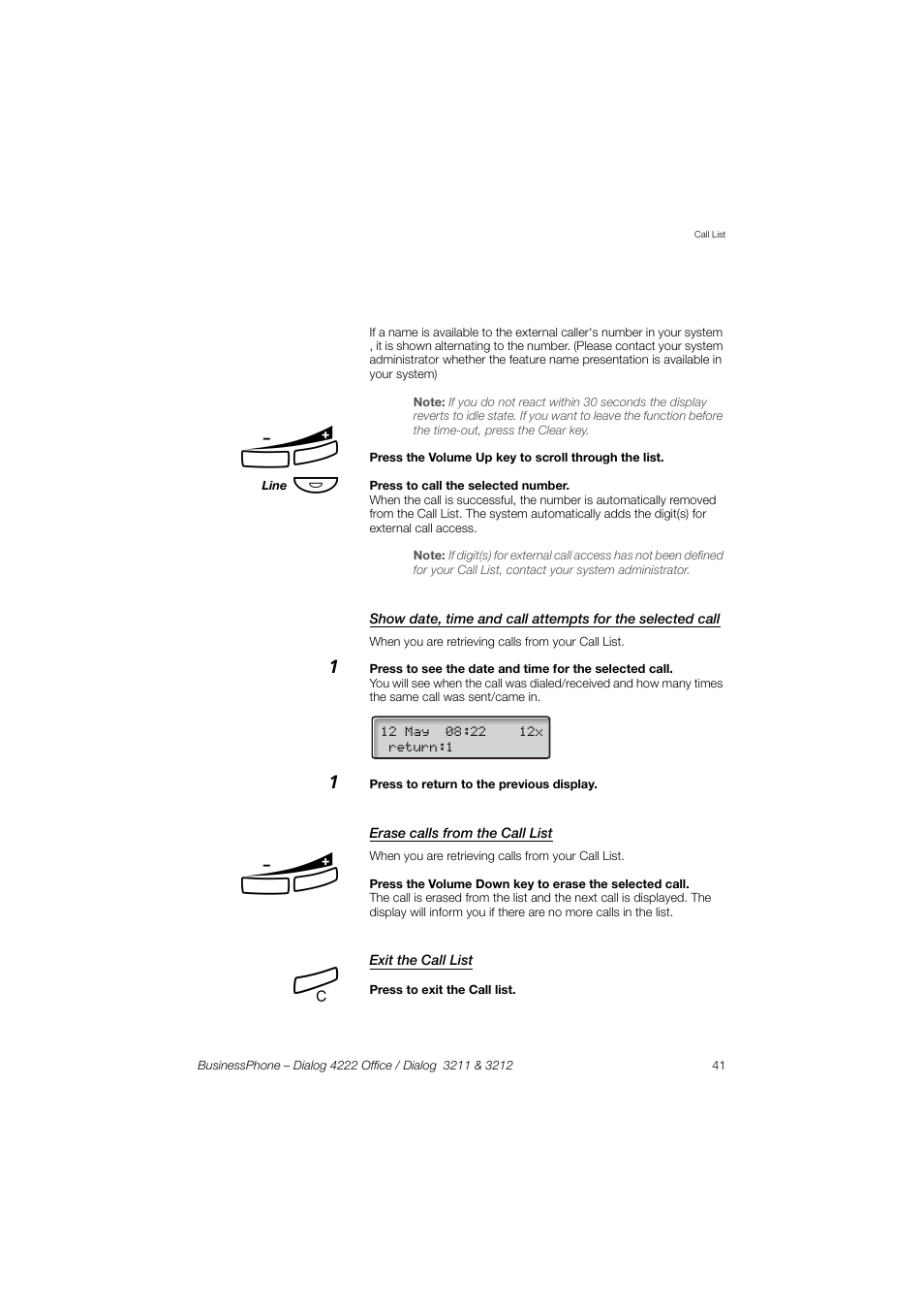 Erase calls from the call list, Exit the call list | AASTRA 4222 Office for BusinessPhone User Guide EN User Manual | Page 41 / 124