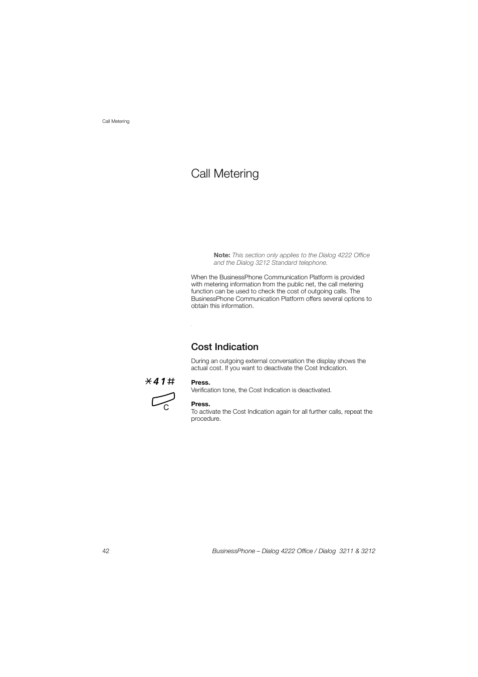 Call metering, Cost indication | AASTRA 4222 Office for BusinessPhone User Guide EN User Manual | Page 42 / 124