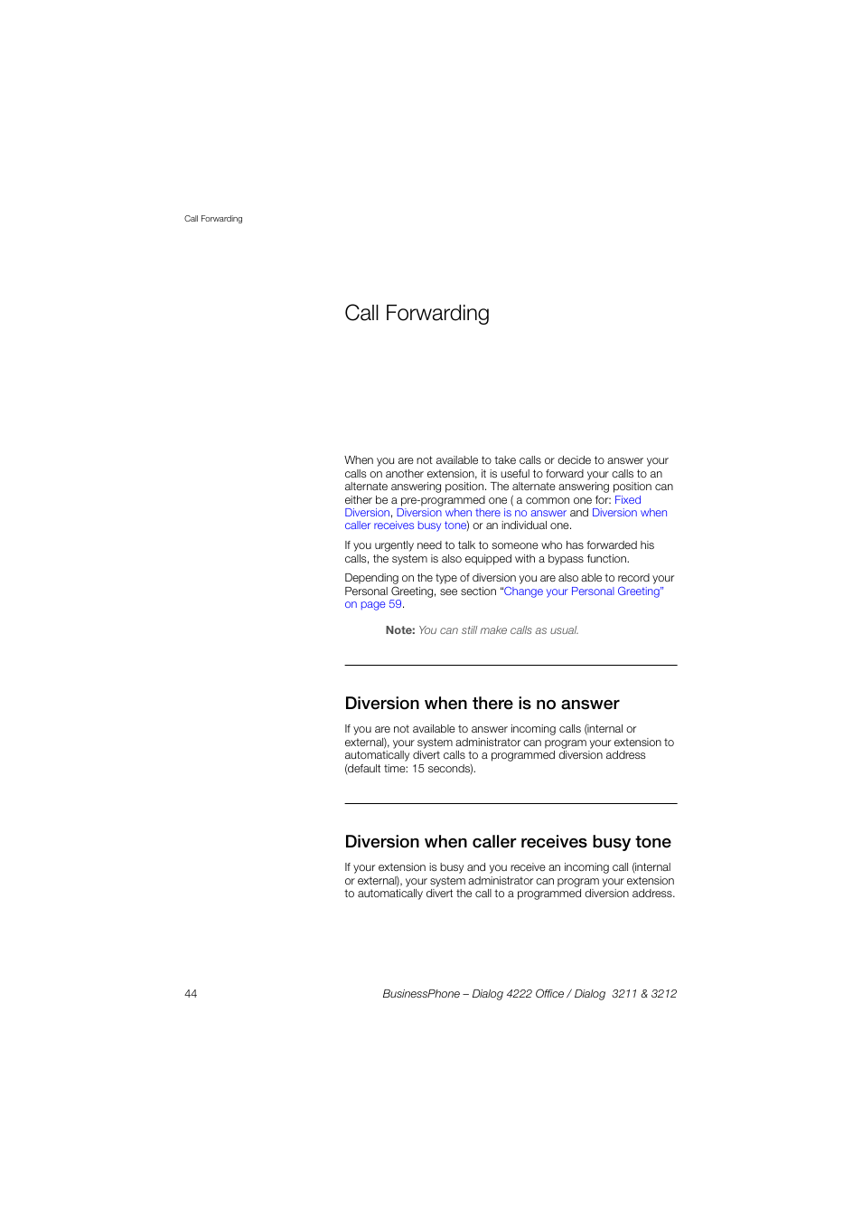 Call forwarding, Diversion when there is no answer, Diversion when caller receives busy tone | Call forwarding” on | AASTRA 4222 Office for BusinessPhone User Guide EN User Manual | Page 44 / 124