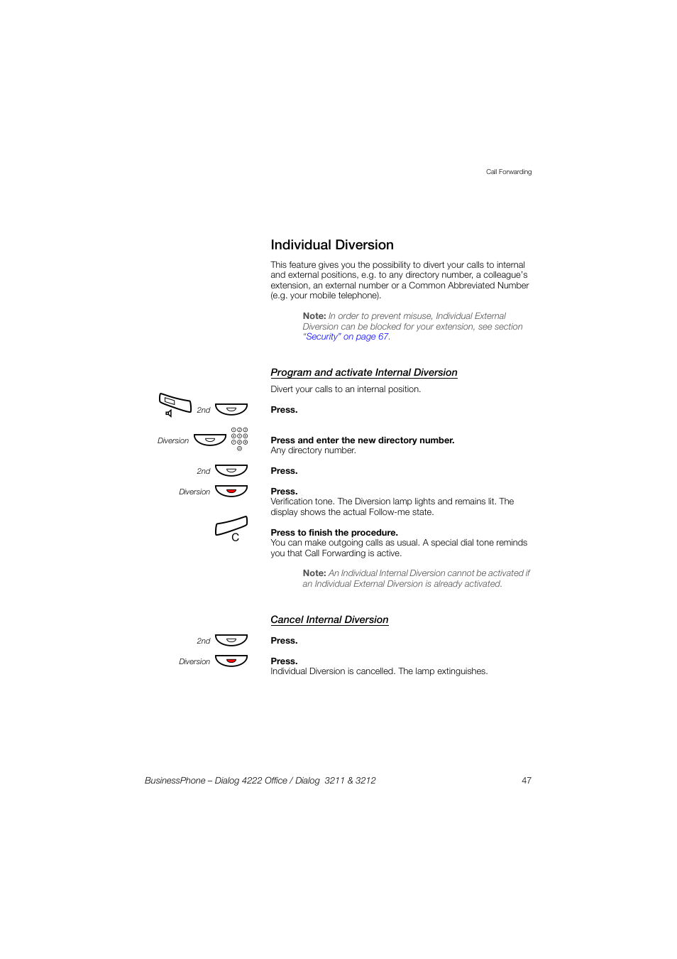 Individual diversion, Program and activate internal diversion, Cancel internal diversion | AASTRA 4222 Office for BusinessPhone User Guide EN User Manual | Page 47 / 124