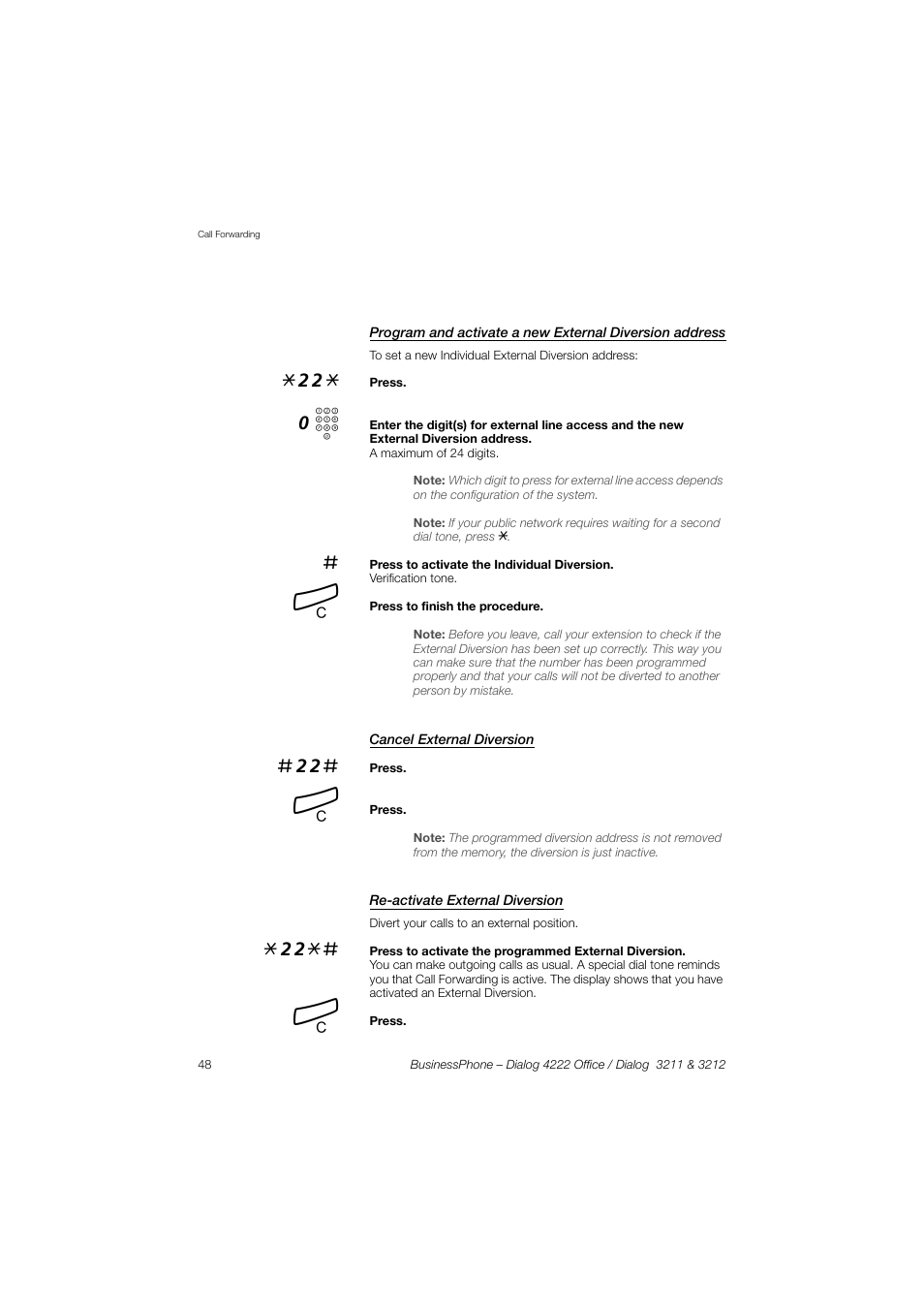 Cancel external diversion, Re-activate external diversion | AASTRA 4222 Office for BusinessPhone User Guide EN User Manual | Page 48 / 124