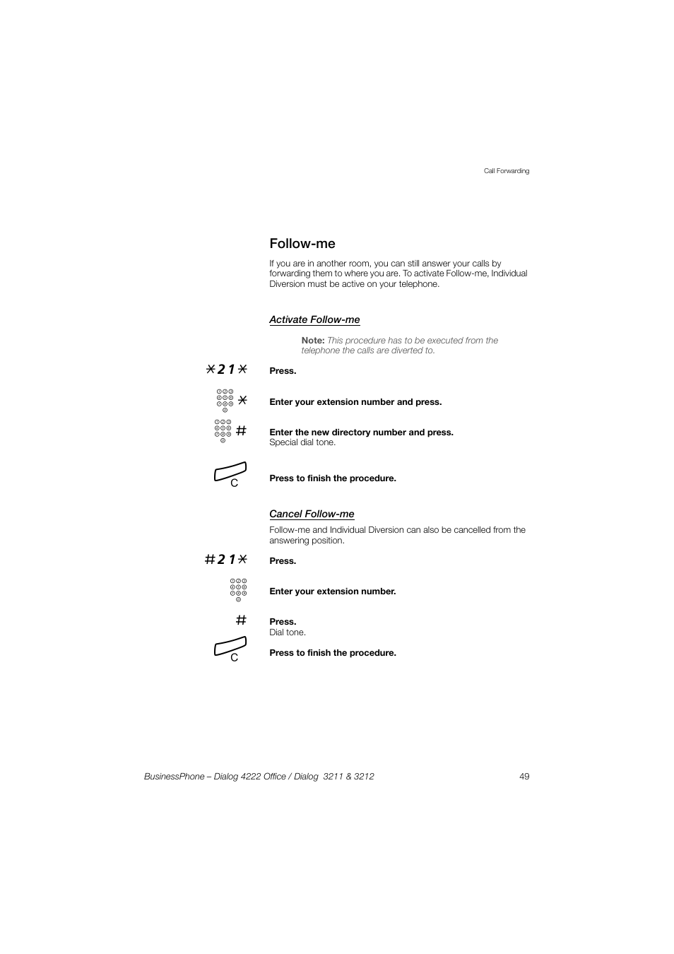Follow-me, Activate follow-me, Cancel follow-me | AASTRA 4222 Office for BusinessPhone User Guide EN User Manual | Page 49 / 124