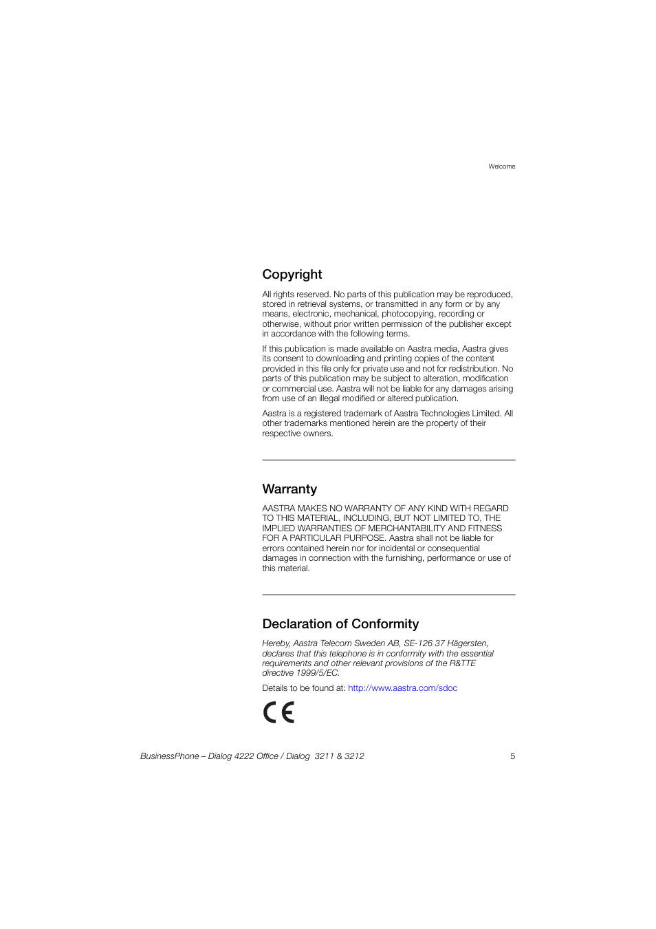 Copyright, Warranty, Declaration of conformity | AASTRA 4222 Office for BusinessPhone User Guide EN User Manual | Page 5 / 124